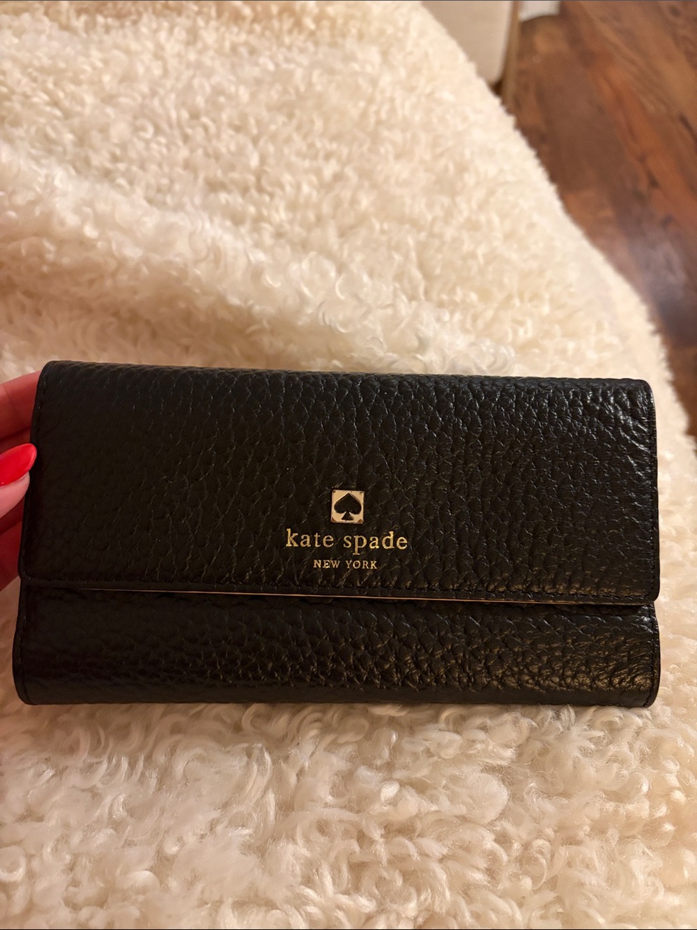 kate spade Black Pebbled Leather Fold Wallet with Gold Logo